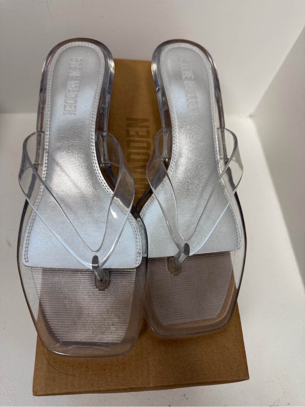 Steve Madden Clear PVC Tracie Thong Sandals with Silver Footbed